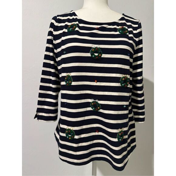 Talbots Christmas wreath pompoms striped long sleeve LP - Picture 2 of 5